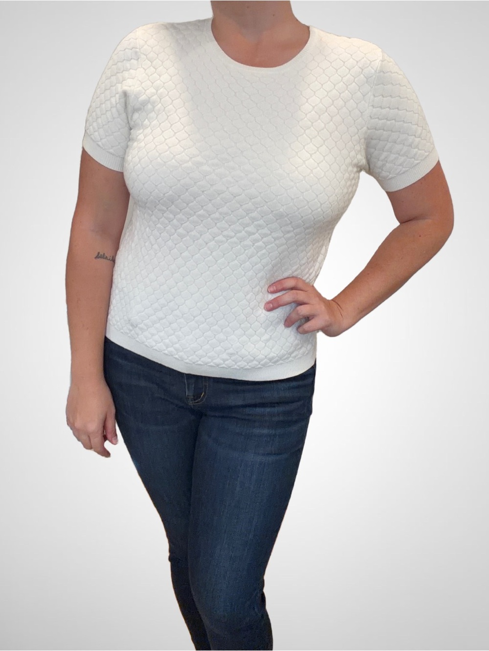 Fashion Union Textured Short-Sleeve Knit Top in Cream, Large